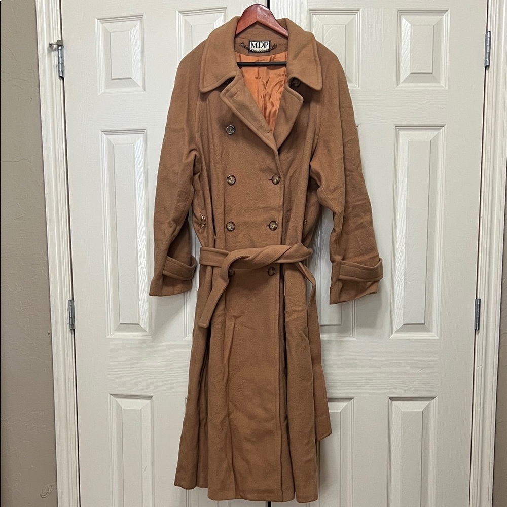 Vintage MDP Women's Brown Double-Breasted Trench Coat Wool Sz XL Made in USA